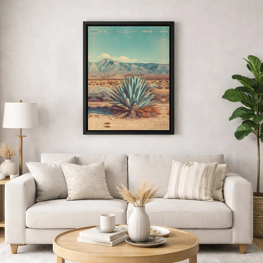 Vintage Desert Landscape Canvas Art | Southwestern Agave Plant Mountain View | Premium Gallery Wrap Wall Decor | Southwestern Home Office Gift Idea
