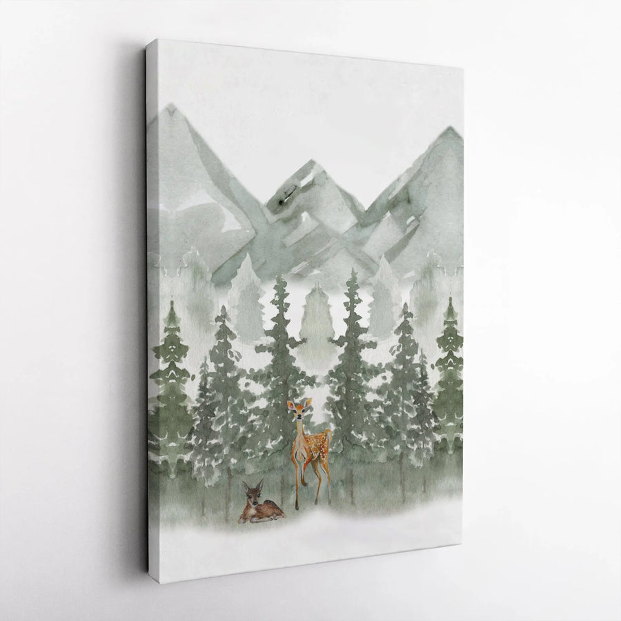 Watercolor Deer Canvas Wall Art | Forest Fawn and Mountain Print | Premium Gallery Wrapped Decor | Nature Lover Gift for Home Office