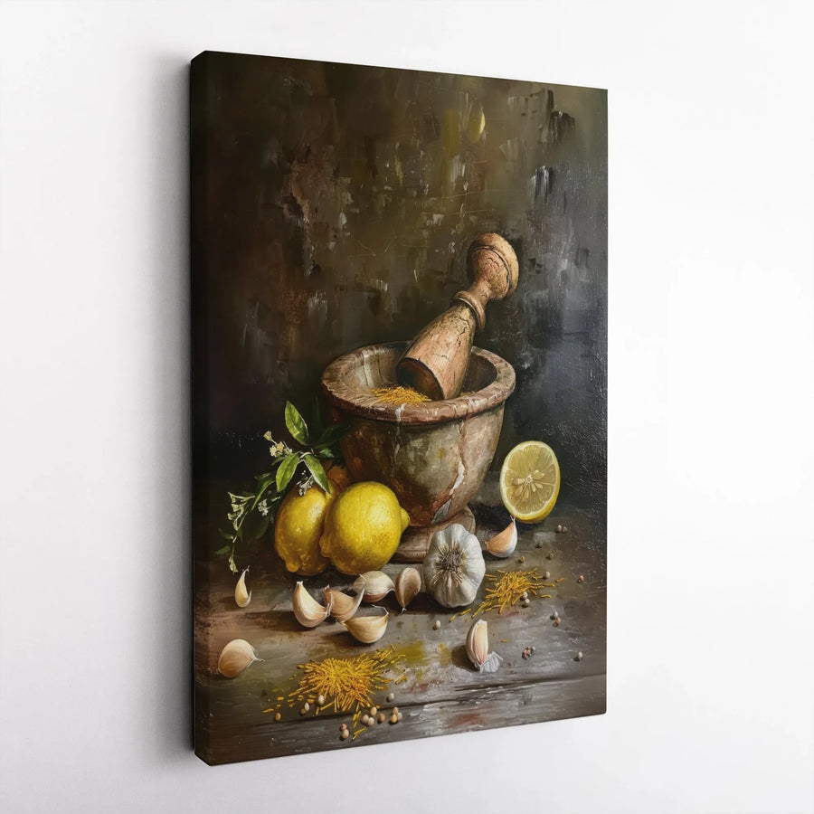 Rustic Kitchen Canvas Wall Art | Classic Still Life with Spices & Lemon | Premium Thick Gallery Wrap | Dining Room Decor Gift for Foodie
