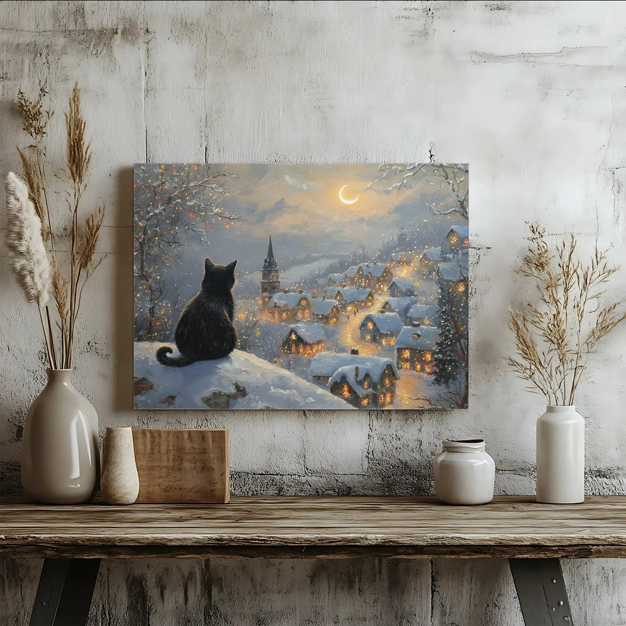 Black Cat Christmas Canvas Art | Snowy Winter Village Landscape | Premium Gallery-Wrapped Print | Cozy Holiday Home Decor Gift