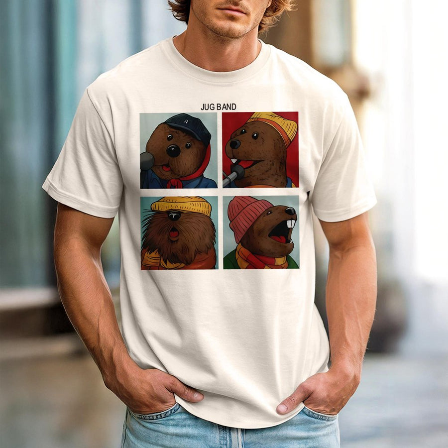 Jug Band Beaver T-Shirt | Funny Retro Cartoon Animal Quartet Graphic | Premium 100% Cotton Tee | Unique Gift for Music Lovers