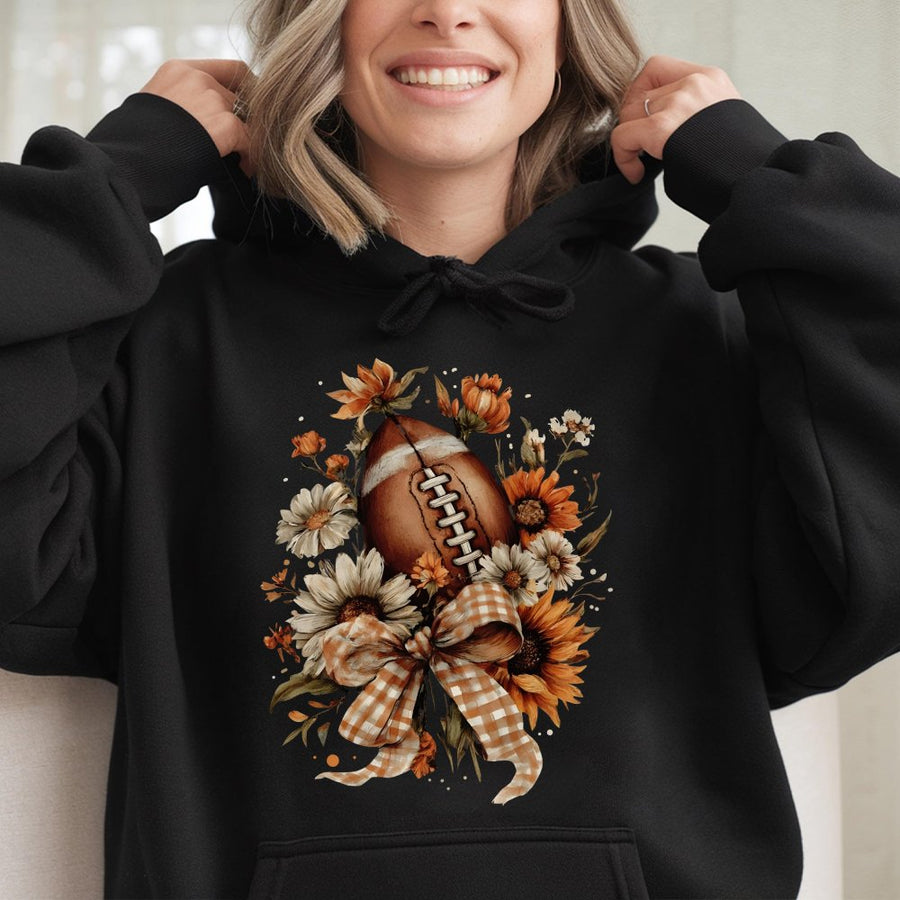 Floral Football Hoodie | Gingham Bow Fall Aesthetic | Premium Cotton Blend | Cute Game Day Outfit for Women & Fans