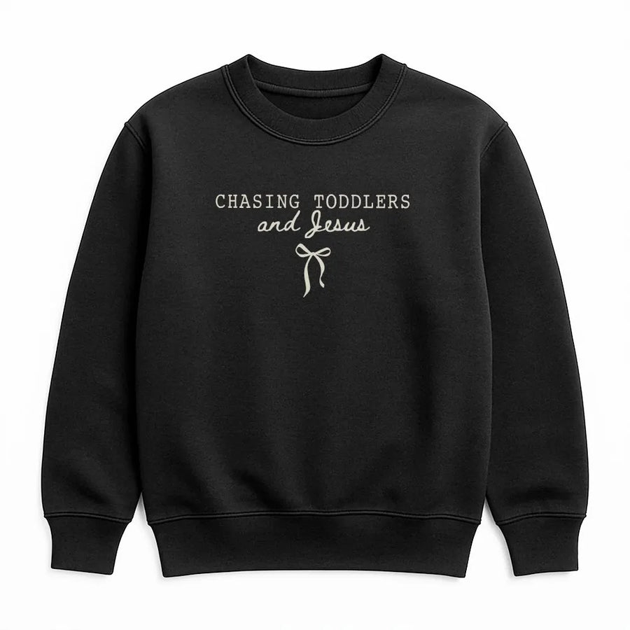 Chasing Toddlers and Jesus Sweatshirt | Coquette Aesthetic Faith Quote with Bow | Soft Cotton Blend Pullover | Premium Gift for Christian Mom or Teacher