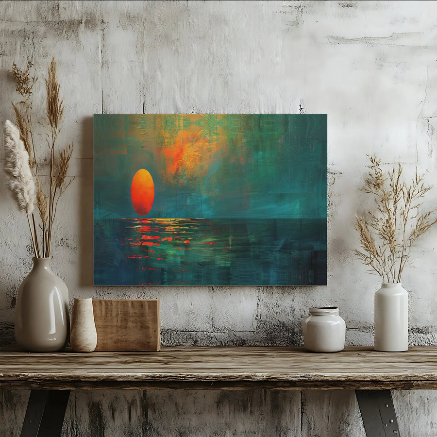 Abstract Sunset Canvas Wall Art | Teal and Orange Seascape Painting | 1.25-Inch Thick Gallery Wrap | Modern Home Office Decor Gift