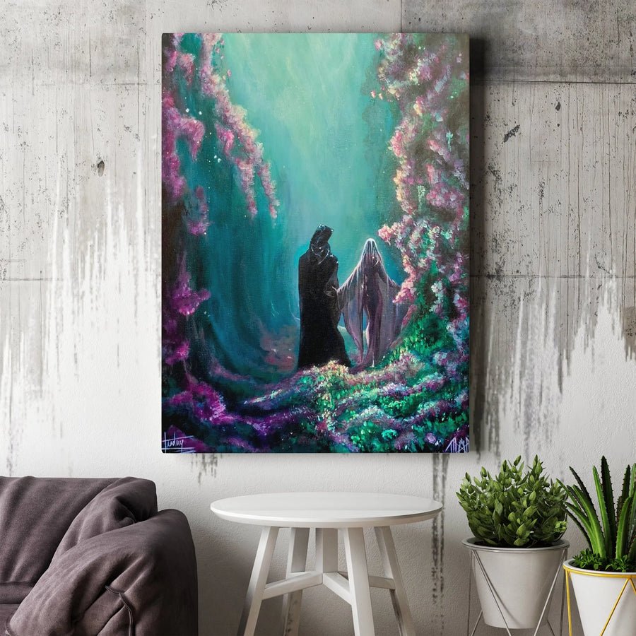 Mystical Forest Fantasy Canvas Art | Two Cloaked Figures In Enchanted Garden | Premium Gallery Wrap Wall Decor | Gothic Romantic Gift For Her
