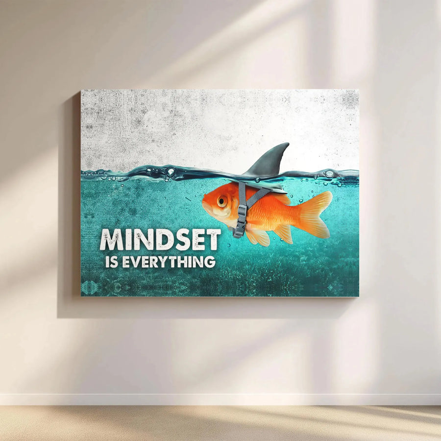 Mindset Is Everything Canvas Art | Motivational Goldfish Shark Fin Wall Decor | Premium Gallery Wrap Print | Office Decor for Success & Ambition