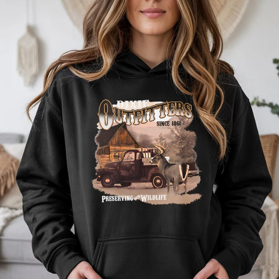 Vintage Deer Hunting Hoodie | Rustic Cabin Wildlife Graphic | Premium Cotton Blend Sweatshirt | Gift for Outdoorsmen and Hunters
