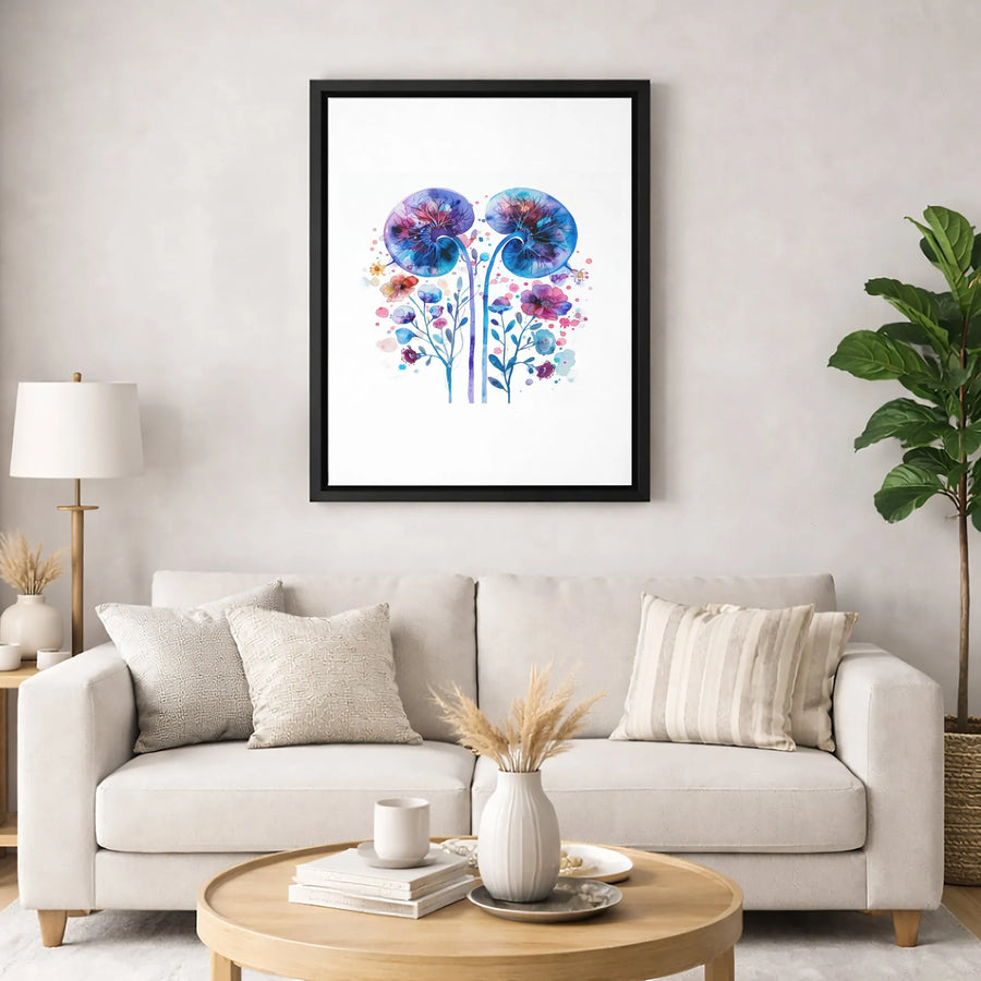 Watercolor Kidneys Anatomy Wall Art | Floral Human Organ Canvas Print | Premium Gallery Wrap Decor | Unique Medical Student or Nephrologist Gift