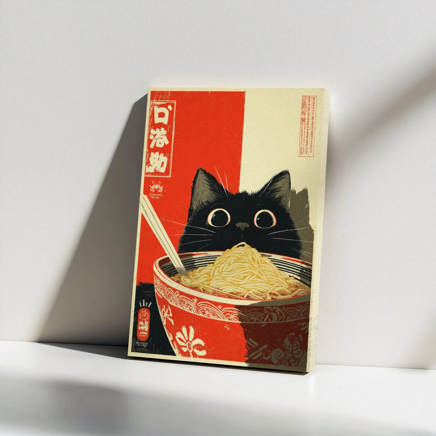 Japanese Ramen Cat Canvas Wall Art | Vintage Ukiyo-e Style Black Kitten | 1.25" Gallery Wrap Premium Print | Whimsical Kitchen Decor Gift for Cat Lovers