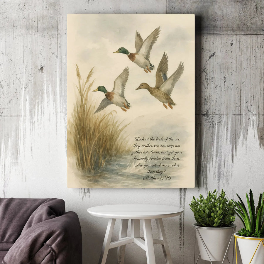 Matthew 6:26 Scripture Wall Art | Flying Ducks Watercolor Print | Premium Gallery Wrap Canvas | Christian Home Decor Gift for Believers