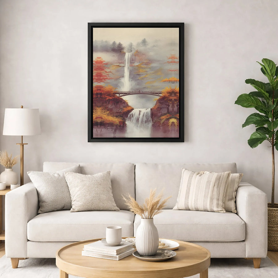 Watercolor Waterfall Canvas Wall Art | Autumn Forest Bridge Landscape | Premium Gallery-Wrapped Print | Nature Home Decor Gift
