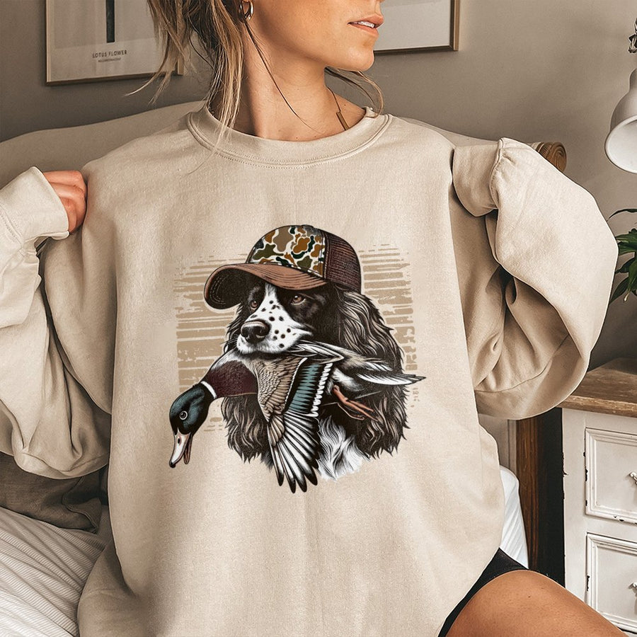 Springer Spaniel Hunting Sweatshirt | Mallard Duck Graphic Print | Premium Cotton Blend | Gift for Waterfowl Hunters & Dog Lovers