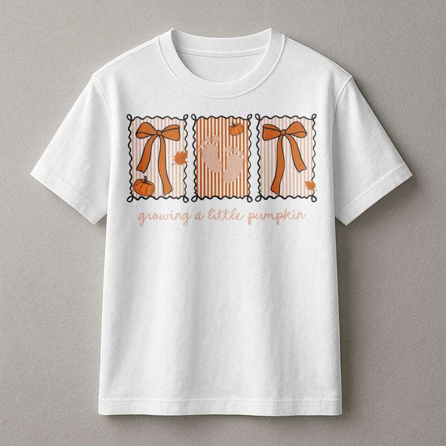 Growing A Little Pumpkin T-Shirt | Fall Pregnancy Announcement Graphic | 100% Cotton Premium Tee | Cute Thanksgiving Baby Reveal Gift For Mom