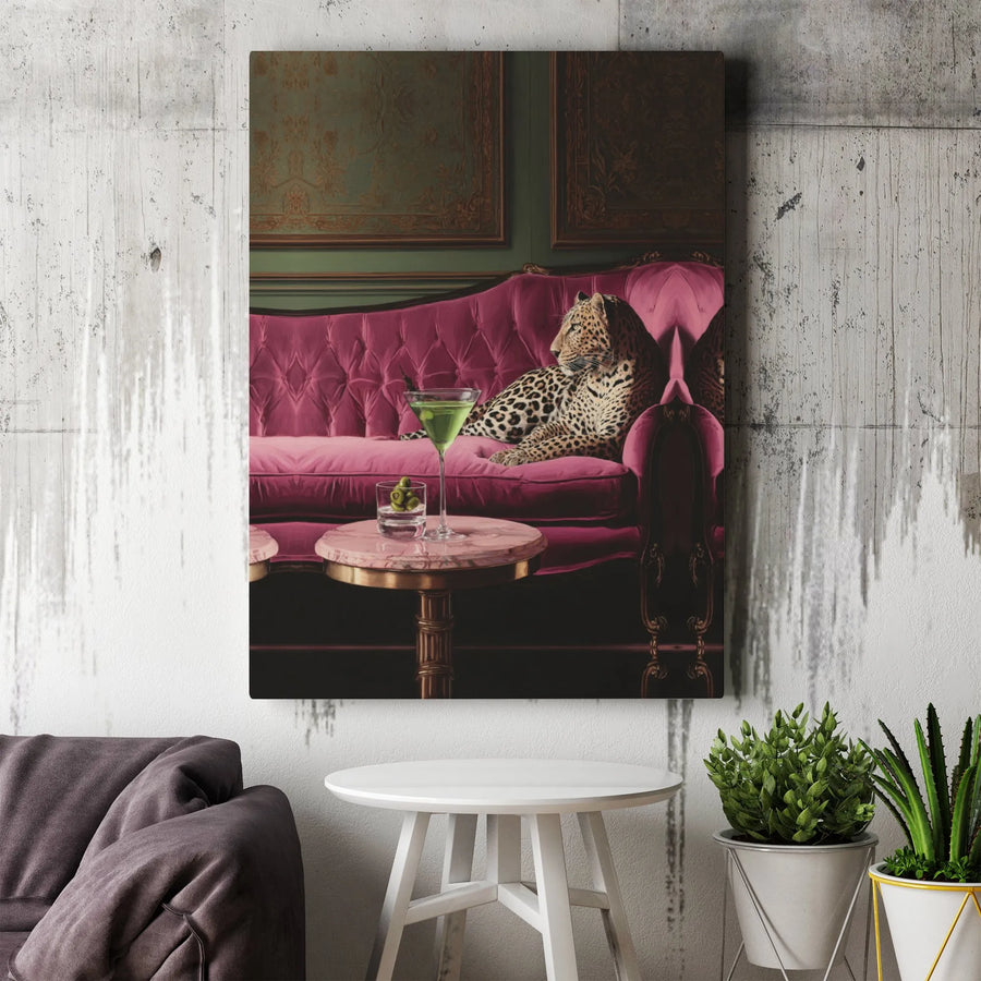 Leopard on Sofa Canvas Print | Moody Maximalist Bar Scene with Martini | Premium Thick Gallery Wrap Art | Unique Gift for Eclectic Home Decor