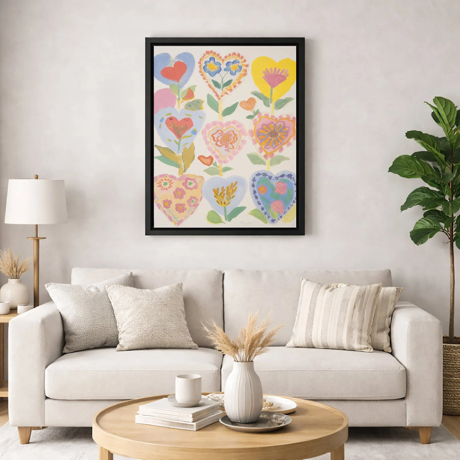 Heart Flower Wall Art | Colorful Folk Art Botanical Print | Premium Gallery Wrapped Canvas | Whimsical Floral Decor Gift for Home
