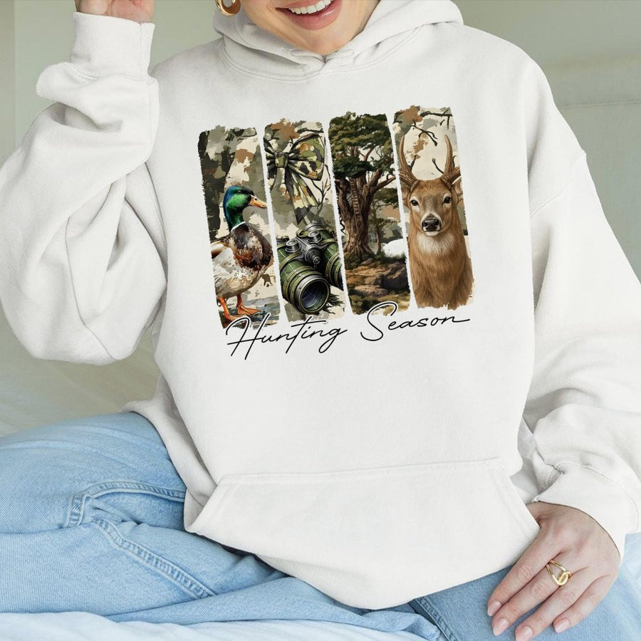 Hunting Season Hoodie | Camo Coquette Bow Deer and Duck Print | Premium Cotton-Poly Blend | Outdoor Lover Gift for Women and Men