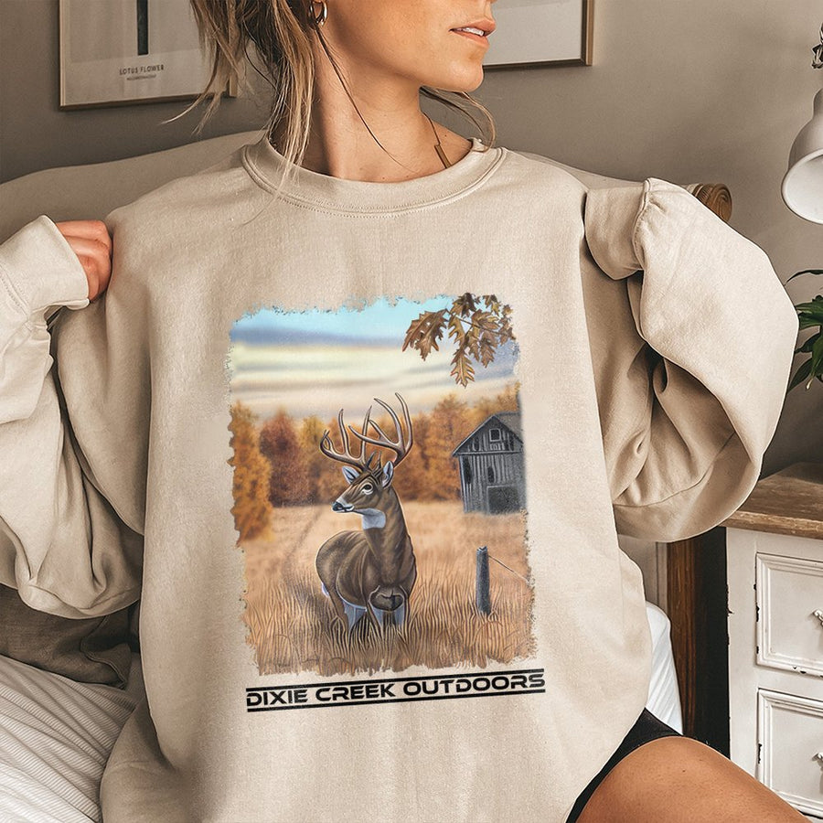 Dixie Creek Outdoors Sweatshirt | Majestic Whitetail Deer Autumn Barn Scene | Premium Cotton Blend | Nature Lover Hunting Gift For Men Women