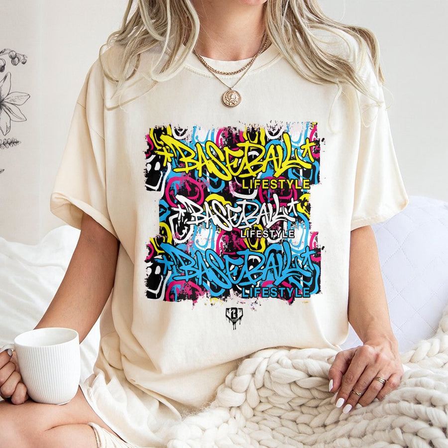 Baseball Lifestyle Graffiti T-Shirt | Streetwear Smiley Graphic Print | 100% Cotton Premium Tee | Unique Baseball Fan Gift for Teens and Adults