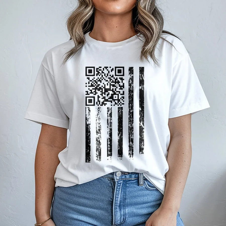 USA Flag QR Code T-Shirt | Distressed American Flag Graphic | Premium Cotton Unisex Tee | Funny Patriotic Gift for Election Supporters