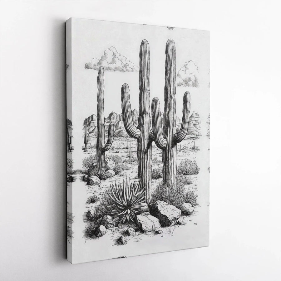 Saguaro Cactus Wall Art | Southwestern Desert Landscape Sketch | Premium 1.25 Inch Gallery Canvas | Bohemian Home Office Decor