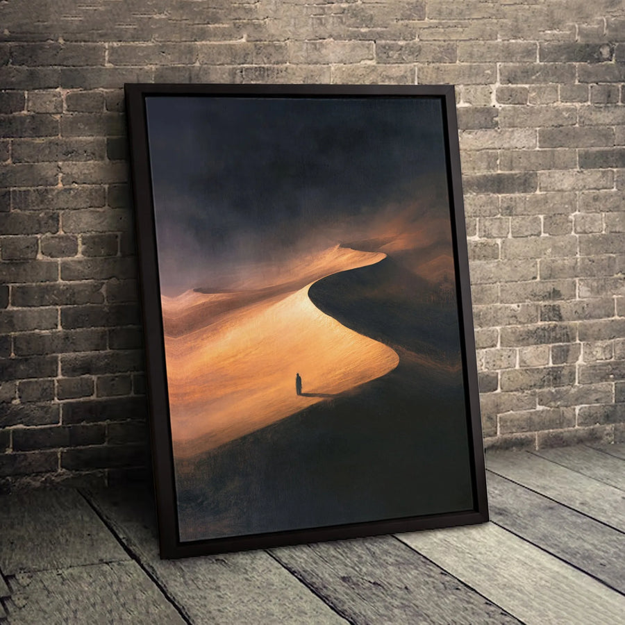 Desert Landscape Canvas Wall Art | Solitary Figure Golden Sand Dune Print | Premium 1.25 Inch Gallery Wrap | Modern Minimalist Home Office Decor
