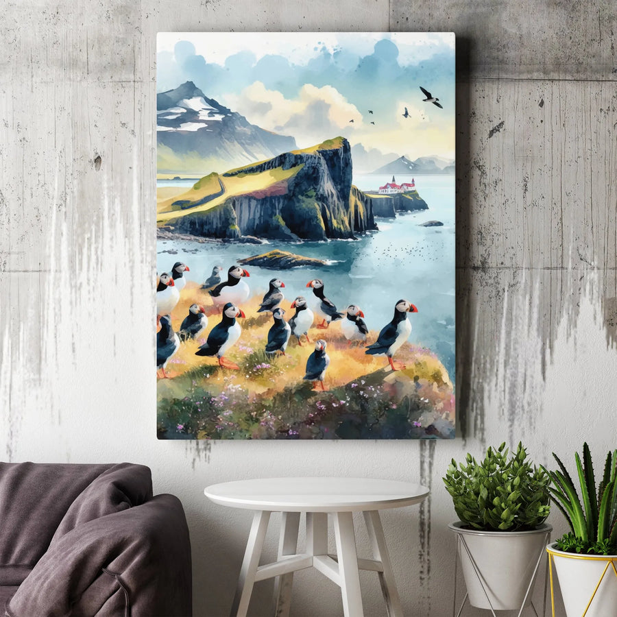 Puffin Canvas Wall Art | Watercolor Coastal Bird Painting | Premium Gallery Wrapped Canvas | Modern Coastal Home Decor Gift for Nature Lover