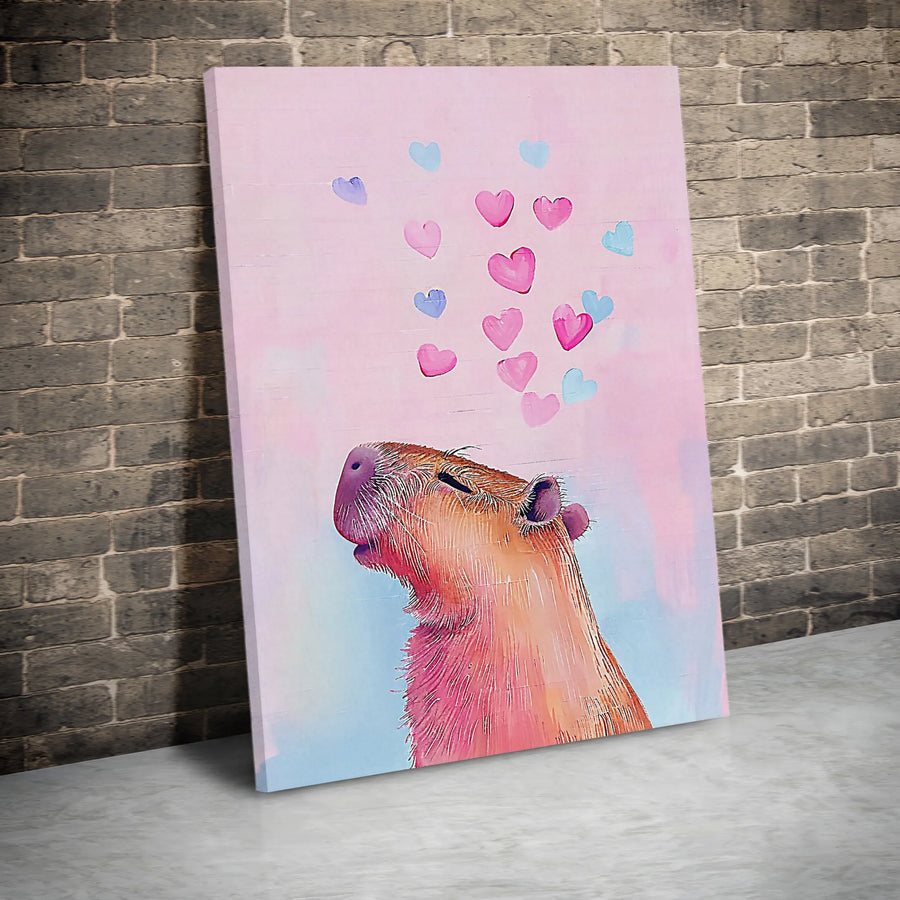 Capybara Canvas Wall Art | Cute Watercolor Animal with Hearts | Premium Gallery Wrap Print | Nursery Decor Gift for Kids Room