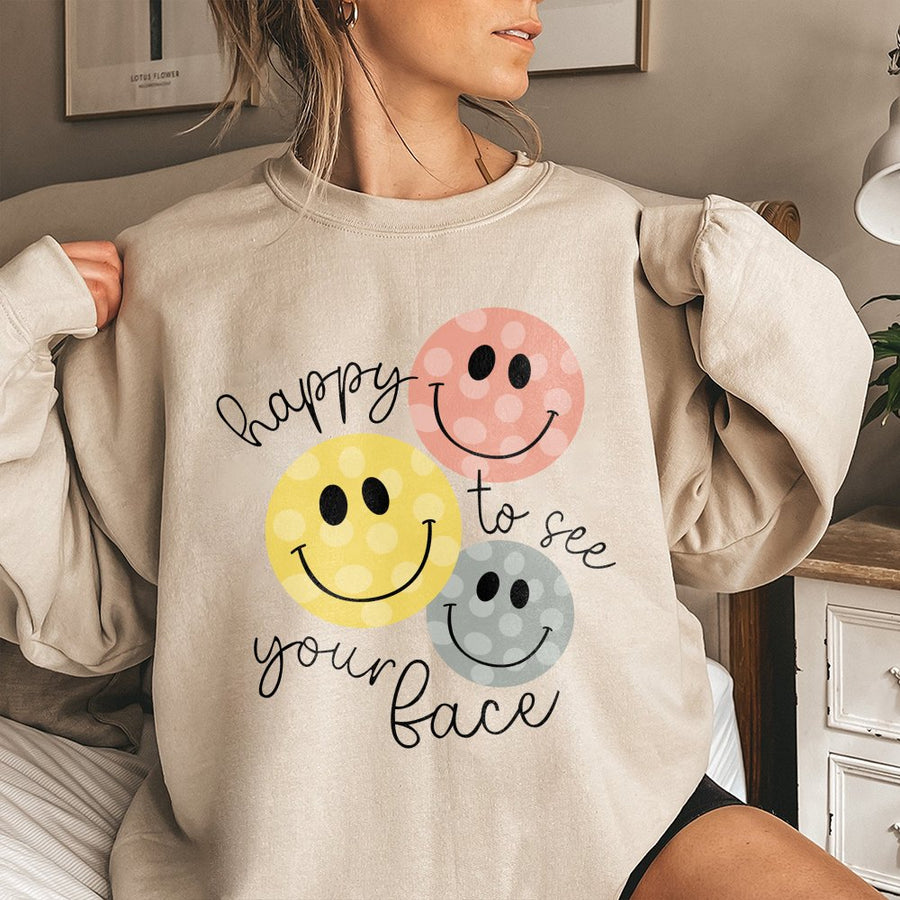 Happy To See Your Face Sweatshirt | Retro Smiley Face Teacher Shirt | Premium Cotton Blend Crewneck | Cute Back To School Gift For Teacher