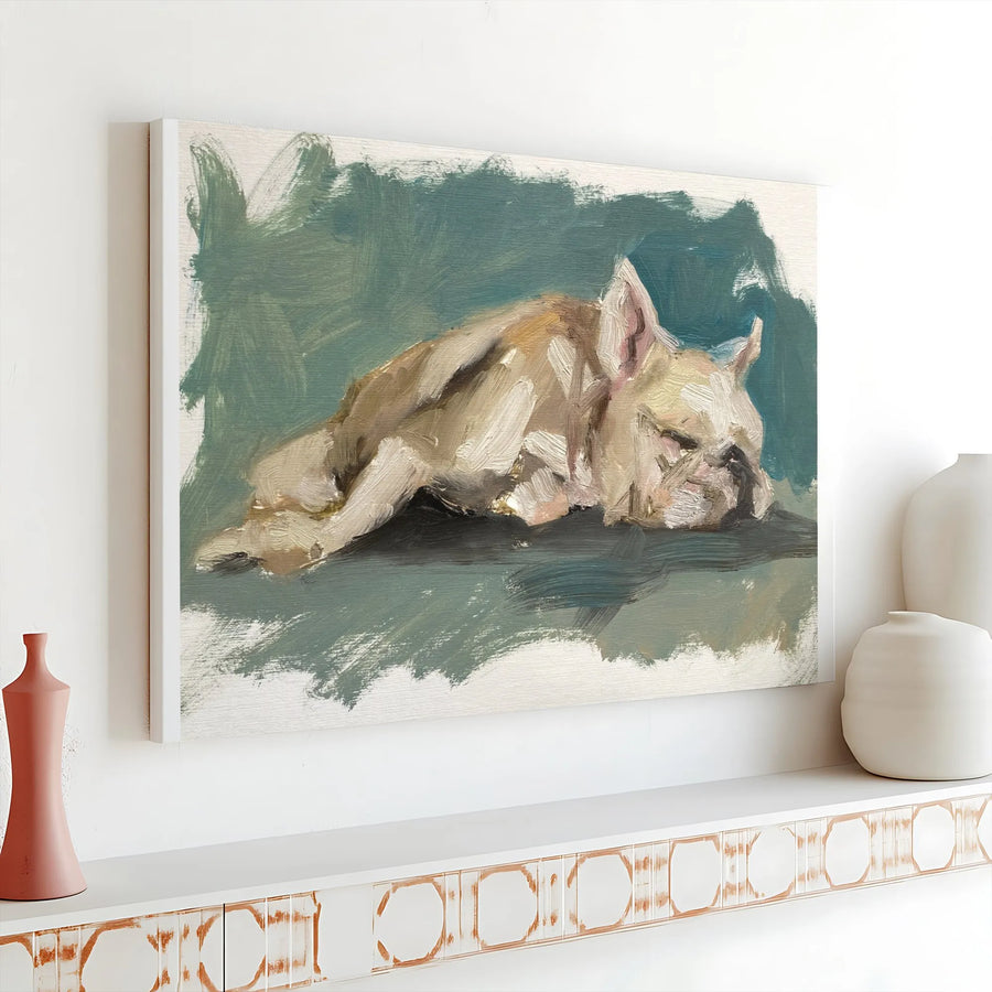 Sleeping French Bulldog Canvas Wall Art | Impressionist Dog Painting Print | Premium Thick Profile Canvas | Gift for Frenchie Mom & Dog Lovers