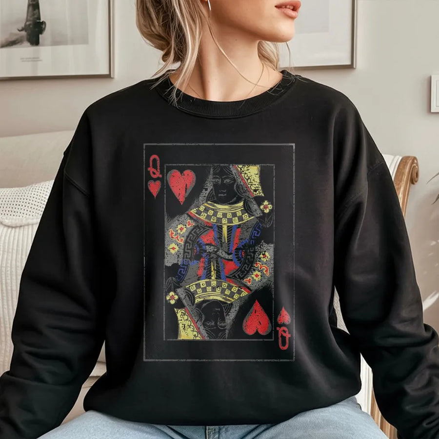 Queen Of Hearts Sweatshirt | Vintage Playing Card Graphic Print | Premium Cotton Blend Crewneck | Artistic Gift For Card Players And Gamers