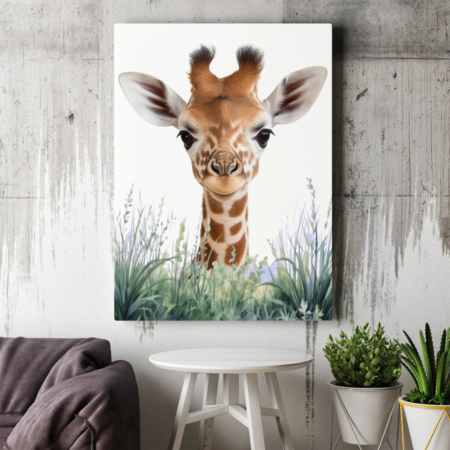 Baby Giraffe Canvas Wall Art | Cute Peeking Animal Portrait | Premium Gallery Wrap Canvas | Nursery Room Decor & New Mom Gift