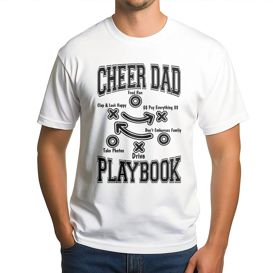 Cheer Dad Playbook T-Shirt | Funny Football Style Coaching Design | 100% Cotton Premium Tee | Best Gift for Cheerleading Fathers