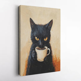 Black Cat Coffee Canvas Wall Art | Funny Grumpy Cat Painting Print | Premium Gallery Wrapped Canvas | Gift for Coffee Lover & Kitchen Decor