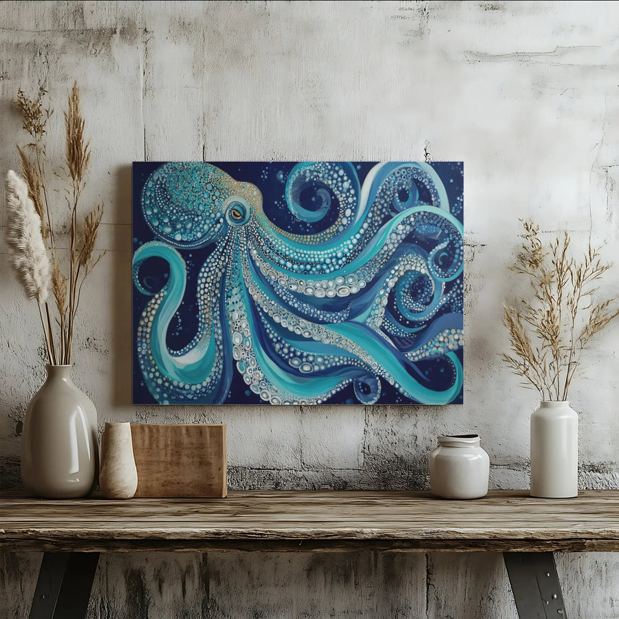 Blue Octopus Canvas Wall Art | Dot Mandala Nautical Design | Premium Fade-Resistant Print | Coastal Home Decor Gift