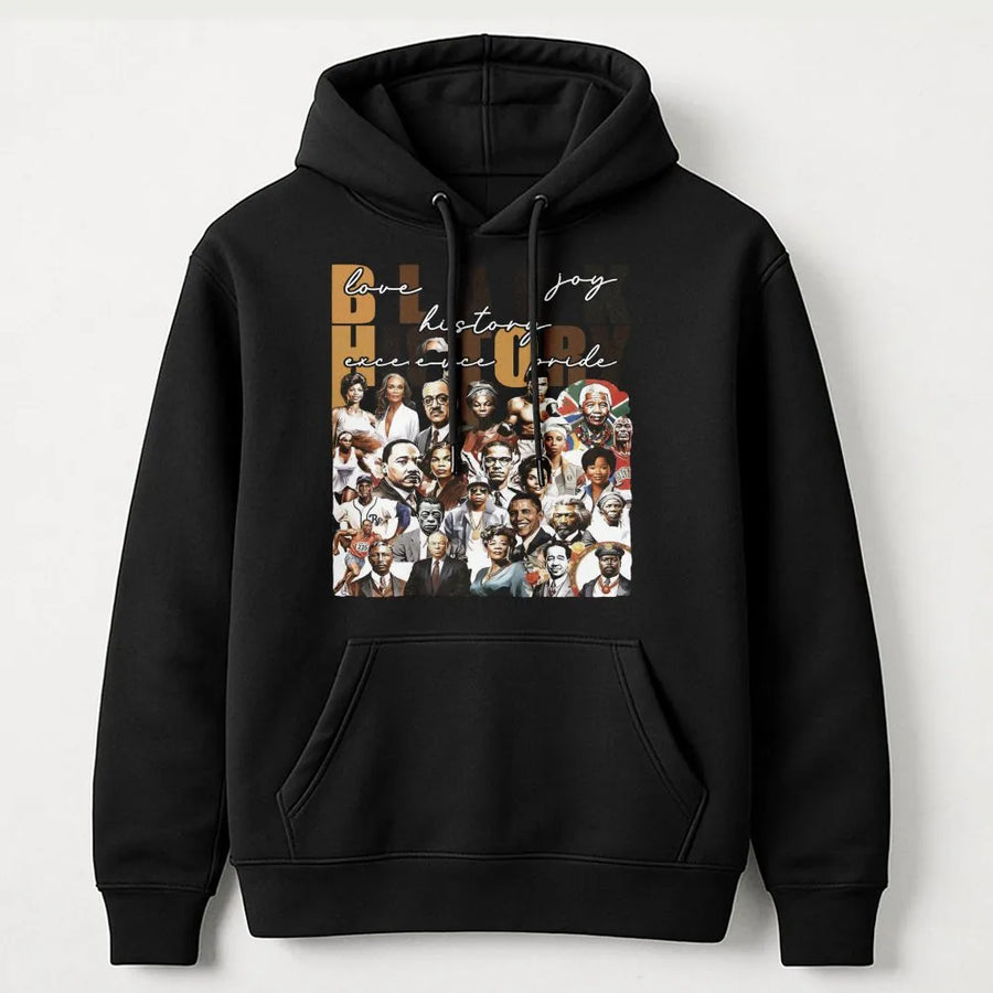 Black History Month Hoodie | Iconic Figures Collage Graphic Print | Premium Cotton-Blend Pullover | Unisex African American Heritage Gift