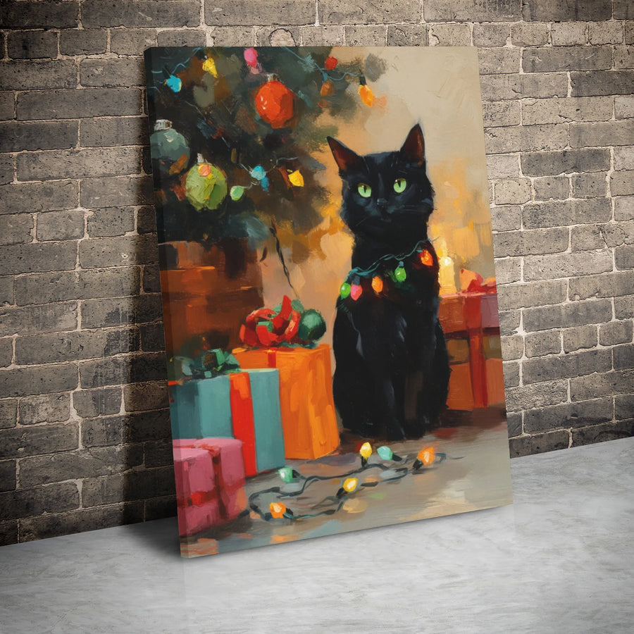 Black Cat Christmas Canvas Art | Cute Kitten Wrapped in Holiday Lights | Gallery Wrapped Premium Print | Festive Home Decor Gift for Cat Lovers