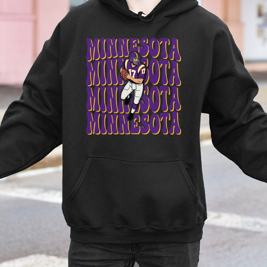 Minnesota Repeating Retro Text With A Minnesota Vikings Football Player Graphic Hoodie