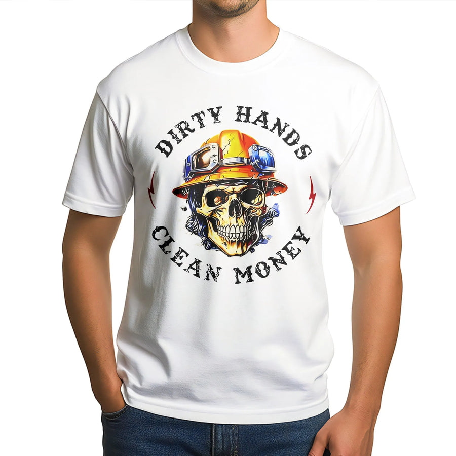 Dirty Hands Clean Money T-Shirt | Skull Hard Hat Graphic Tee | Premium Cotton Workwear | Blue Collar Gift For Construction Workers