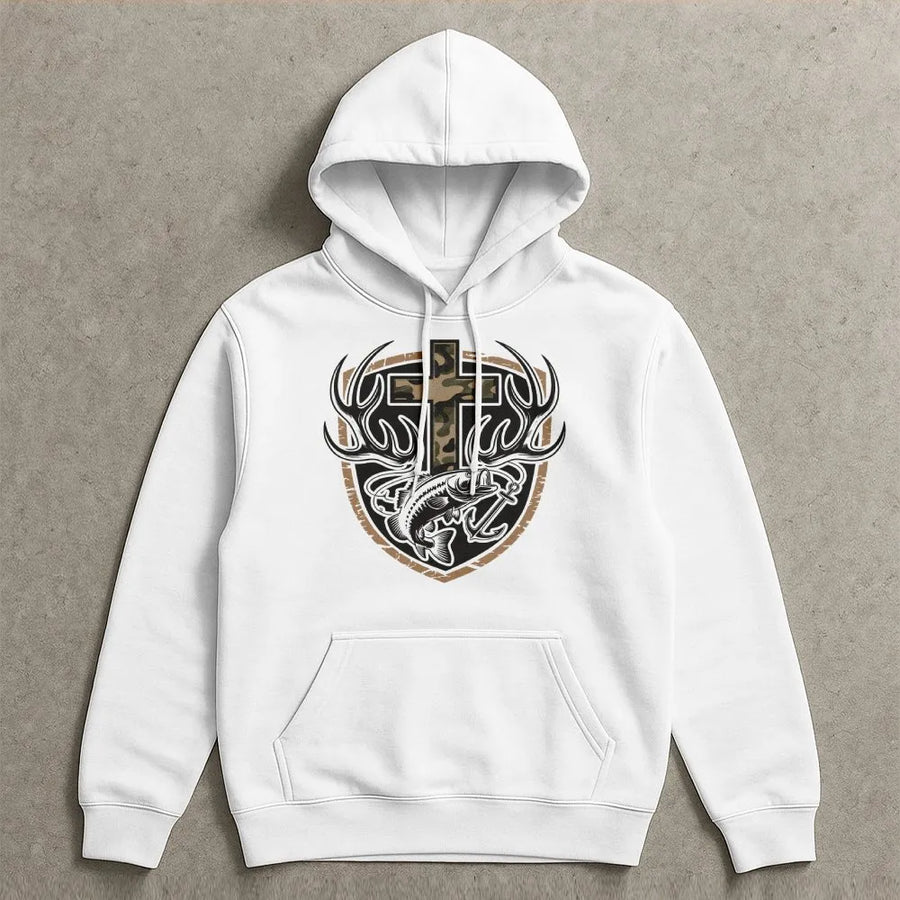 Christian Fishing Hunting Hoodie | Camo Cross with Bass & Antlers Graphic | Premium Cotton Blend | Gift for Religious Hunter Fisherman