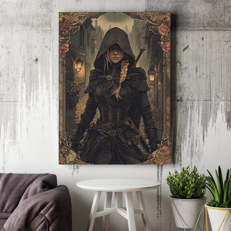 Fantasy Female Rogue Wall Art | Hooded Assassin Warrior In Floral Frame | Gallery Wrap Canvas Print | Gamer Room Decor & Gift