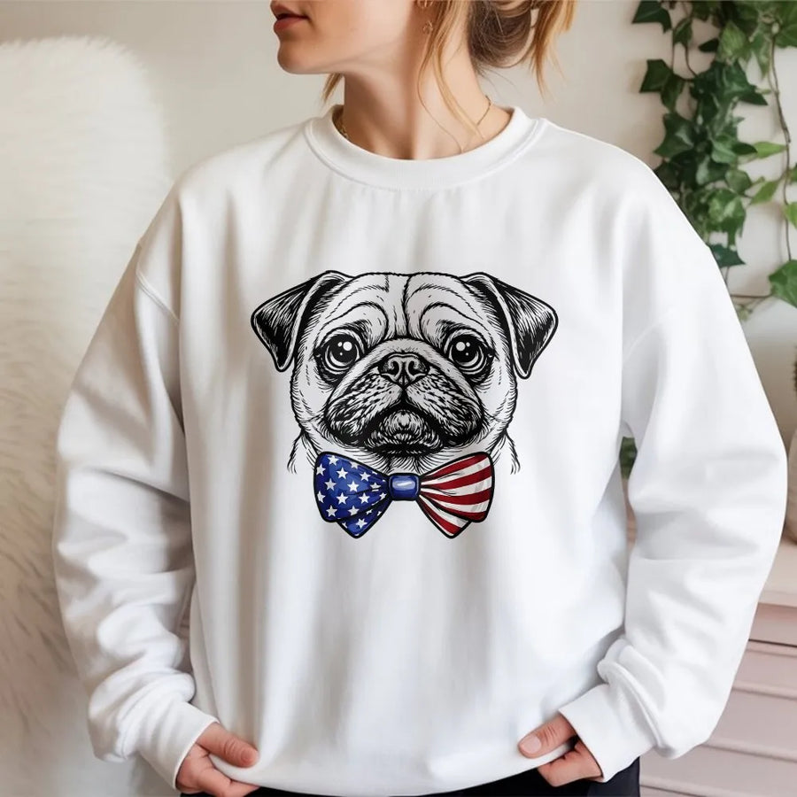 Patriotic Pug Sweatshirt | American Flag Bow Tie Graphic | Soft Cotton Blend Crewneck | Gift for Dog Lover, 4th of July Apparel