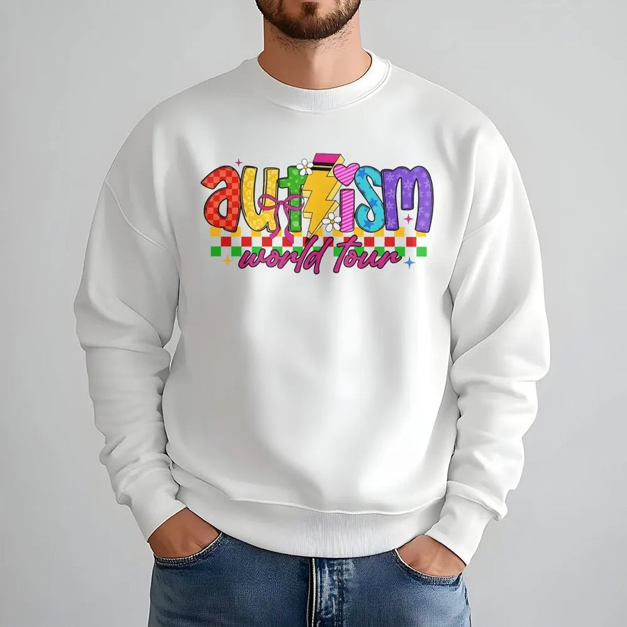Autism Awareness Sweatshirt | Colorful Retro World Tour Graphic | Soft Cotton Blend Crewneck | Neurodiversity Acceptance Gift for Mom Teacher