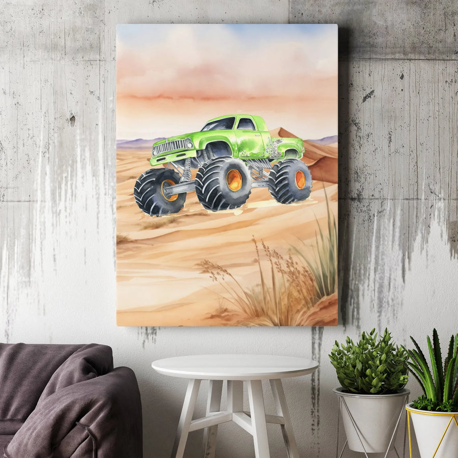 Monster Truck Canvas Wall Art | Watercolor Desert Off-Road Design | Premium Fade-Resistant Gallery Print | Boy Bedroom Decor Gift