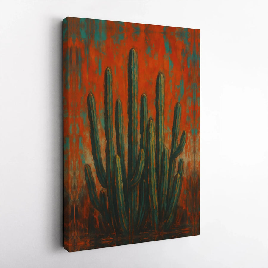 Southwestern Cactus Canvas Wall Art | Rustic Teal and Orange Desert Print | 1.25" Premium Gallery Wrap | Modern Home Office Decor Gift