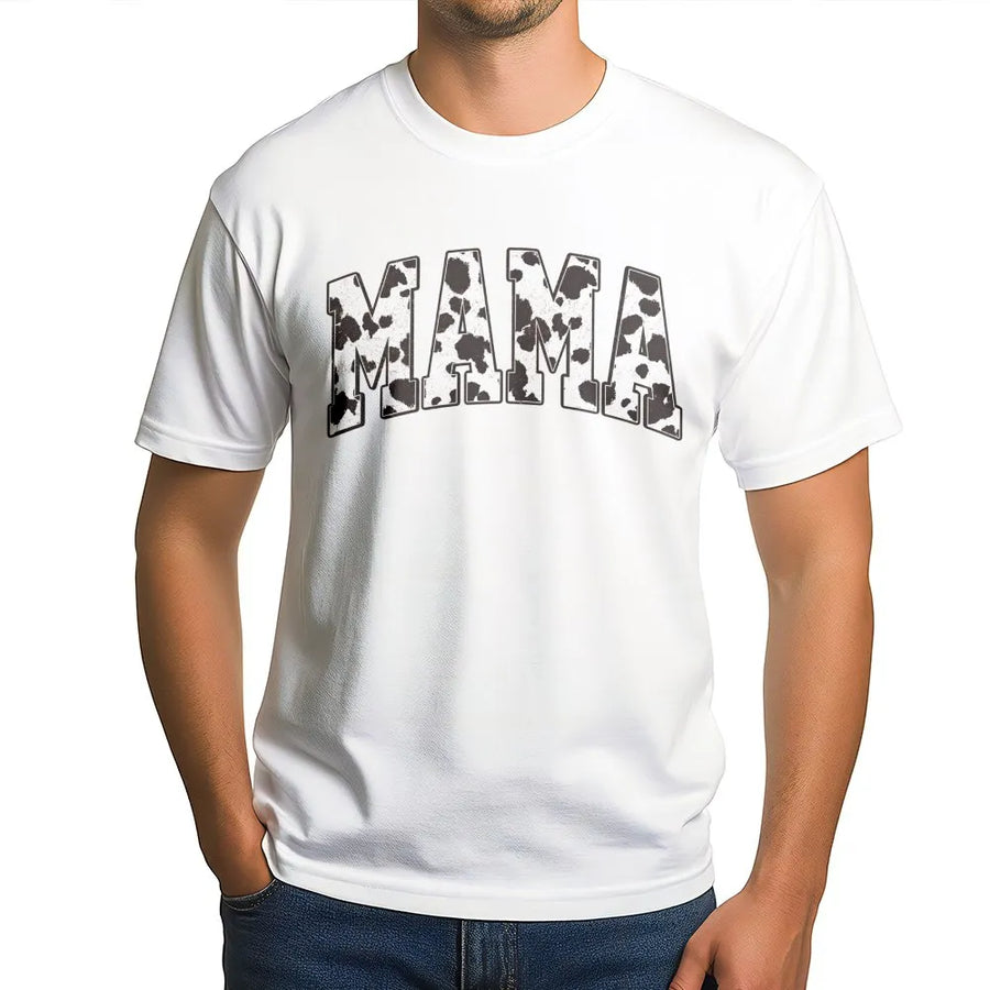 Mama Cow Print Shirt | Western Graphic Tee with Cowhide Varsity Letters | Soft Cotton Tee | Trendy Gift for New Mom