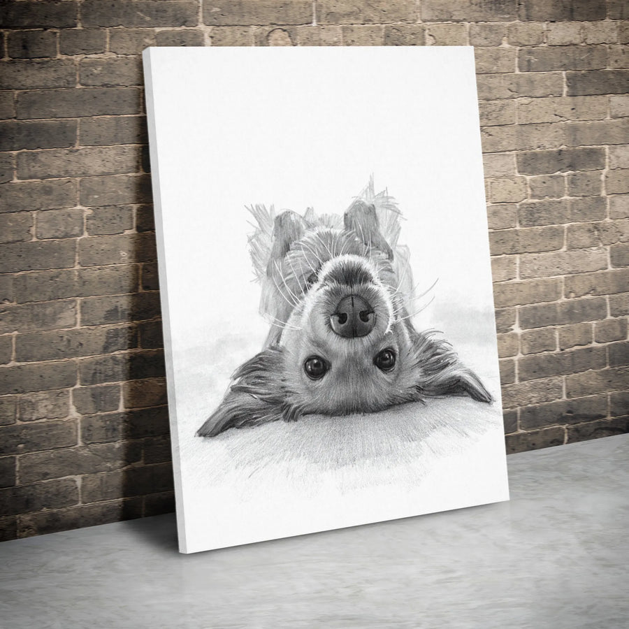 Upside Down Dog Canvas Wall Art | Playful Puppy Pencil Sketch Print | Gallery-Quality 1.25 inch Thick Frame | Cute Pet Lover Home Decor Gift