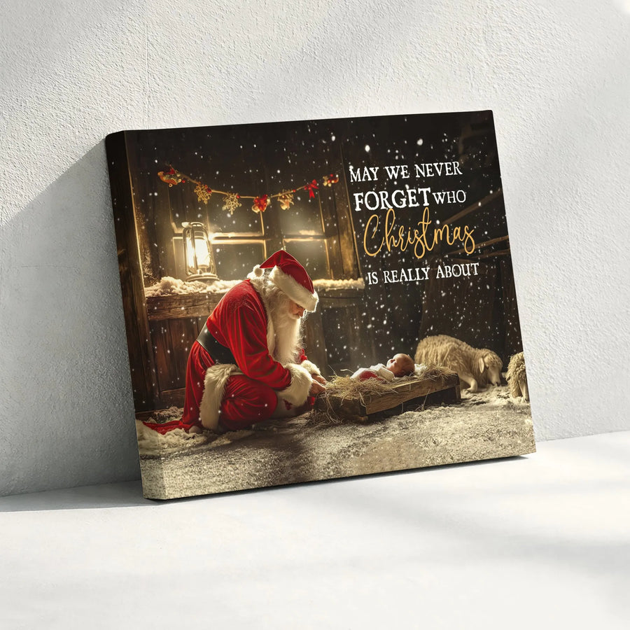 Santa Kneeling Before Baby Jesus Canvas | Religious Christmas Wall Art | Premium Fade-Resistant Print | Meaningful Holiday Home Decor Gift
