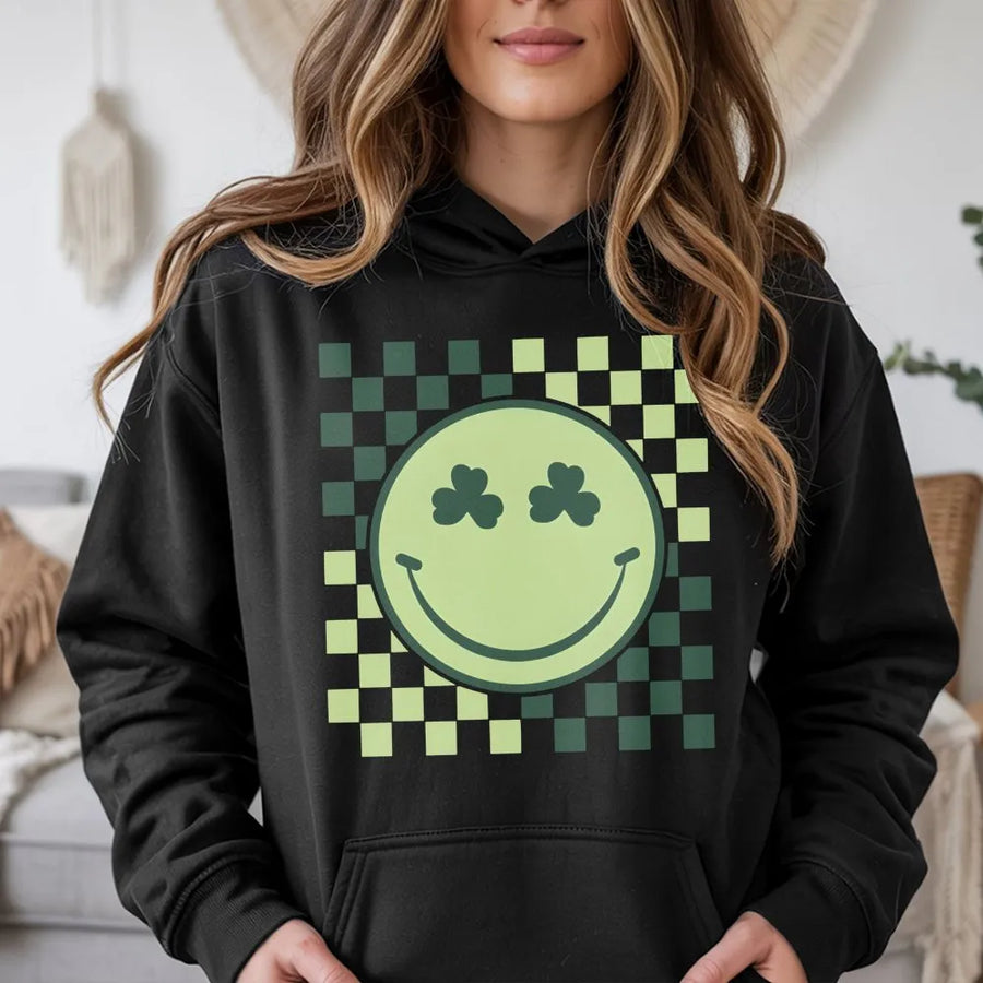 St. Patrick's Day Smiley Hoodie | Retro Shamrock Checkered Face Design | Premium Cotton Blend | Cute Irish Spring Gift for Women & Men