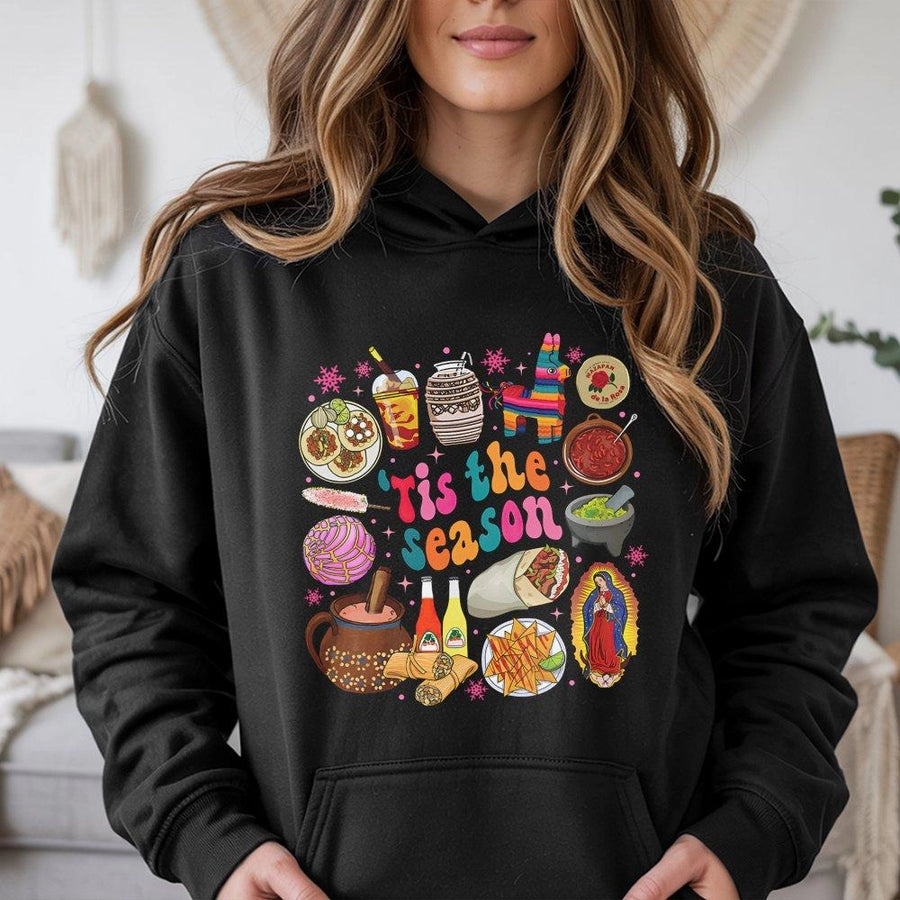 Mexican Christmas Hoodie | Tis The Season Food Graphic | Premium Cotton Blend | Gift For Hispanic Heritage Culture Lovers