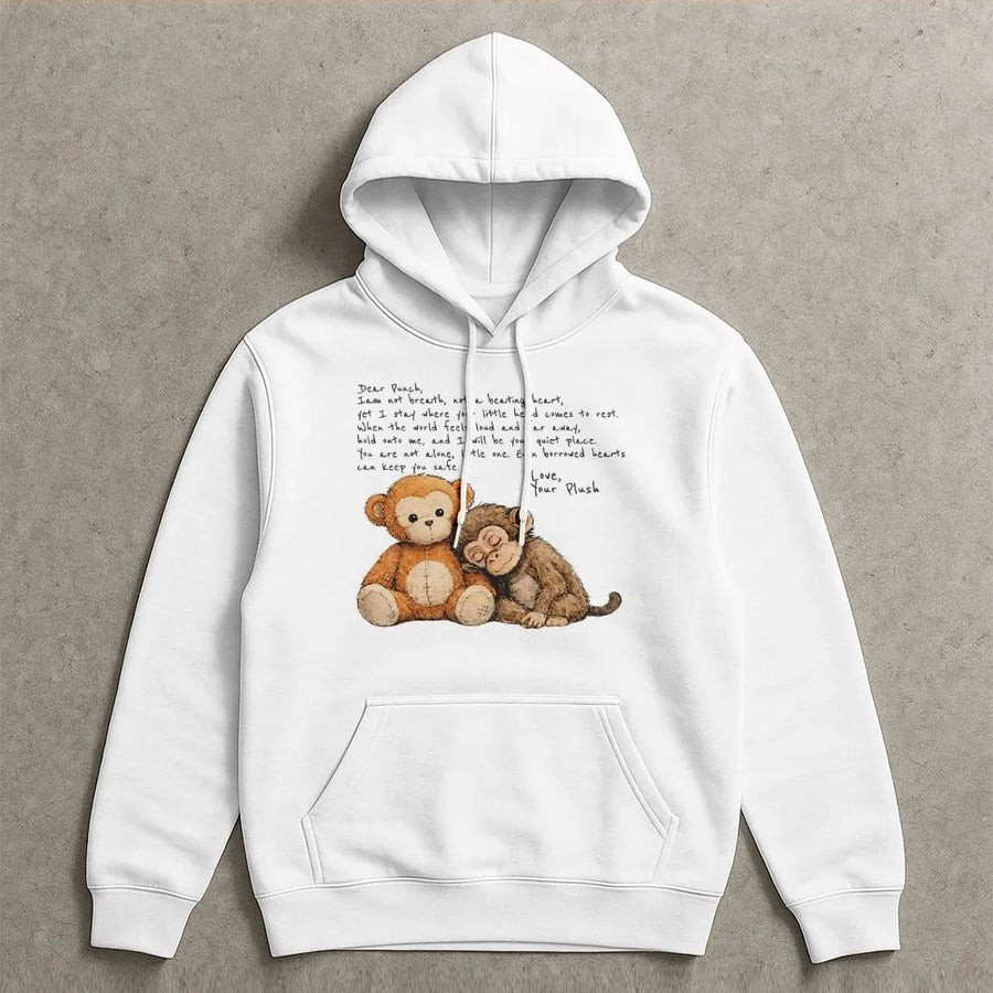 Dear Punch Monkey Poem Hoodie | Emotional Support Plushie Design | Cozy Premium Cotton Blend | Meaningful Mental Health Gift For Her